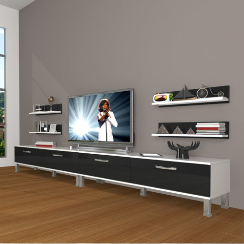 Eko 360r Slm Krom Ayaklı Tv Ünitesi Tv Sehpası - Beyaz Siyah