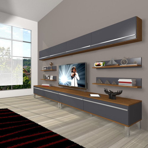 Eko 360y Mdf Krom Ayaklı Tv Ünitesi Tv Sehpası - Ceviz Antrasit