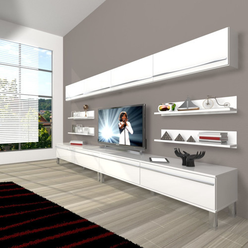 Eko 360y Mdf Krom Ayaklı Tv Ünitesi Tv Sehpası - Parlak Beyaz