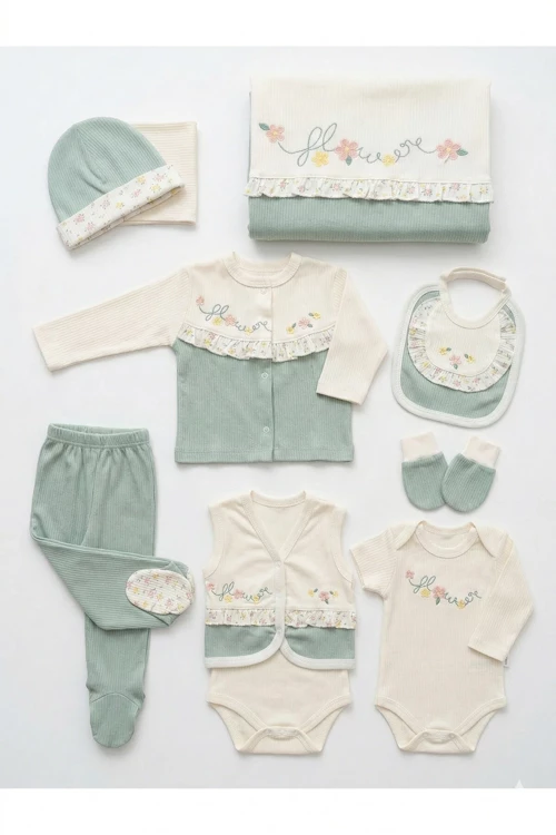 Nakışlı %100 Pamuk Unisex Bebek Hastane Çıkışı 10’lu Set – 0–1 Yaş