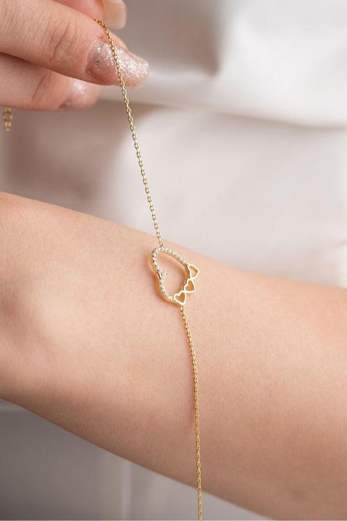925 Ayar Gümüş Gold 3 Sıra Kalpli Kalp Tasarım Bileklik