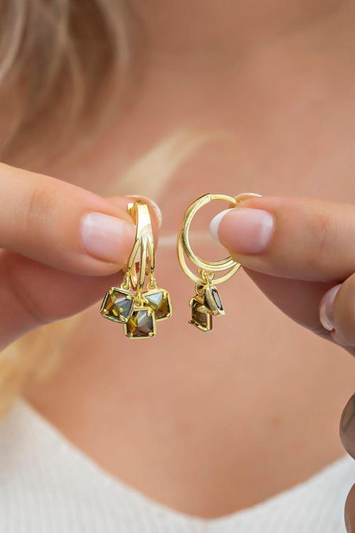925 Ayar Gümüş Gold 3 Taşlı Yeşil Taşlı Halka Küpe