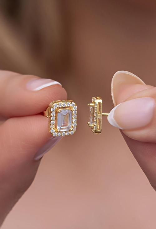 925 Ayar Gümüş Gold Baget Tektaş Model Küpe