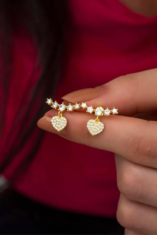 925 Ayar Gümüş Gold Beş Taşlı Sallantılı Kalp Küpe