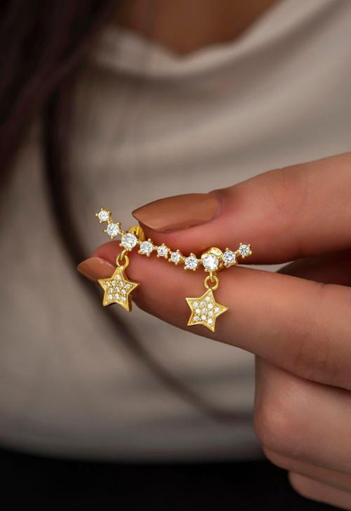 925 Ayar Gümüş Gold Beş Taşlı Sallantılı Yıldız Küpe