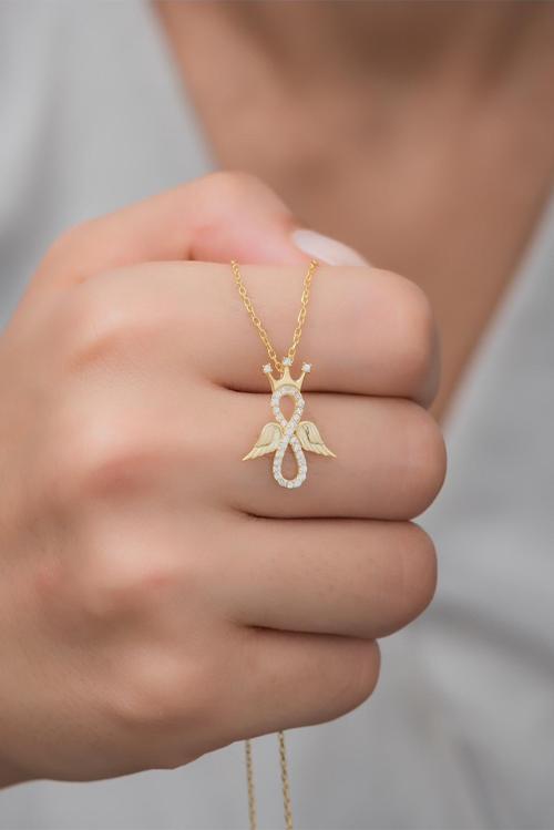 925 Ayar Gümüş Gold Kanatlı Sonsuzluk Kral Tacı Kolye