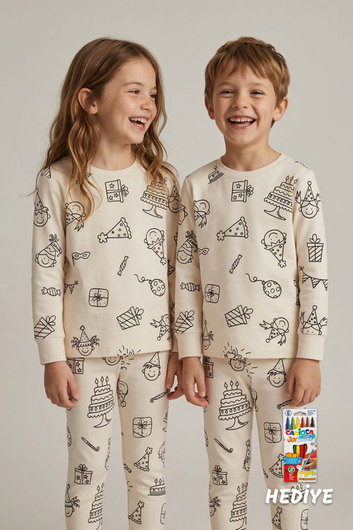 Boyanabilir Doğum Günü Temalı Çocuk Pijama Takımı – Yıkanabilir 6-Lı Kalem Hediyeli