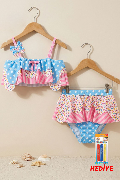 Fırfırlı Kız Çocuk Renkli Şeker Desenli Bikini Takımı
