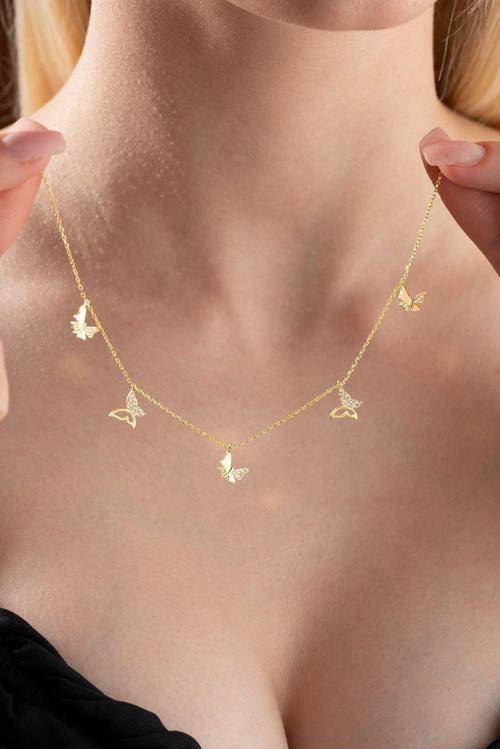 925 Ayar Gümüş Gold Kaplama 5'li Kelebek Şans Kolye