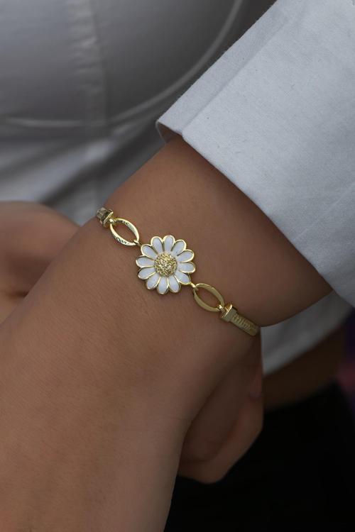 925 Ayar Gümüş Gold Kaplama Balık Sırtı Model Papatya Bileklik