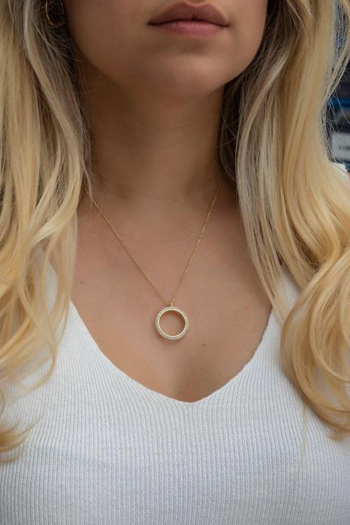 925 Ayar Gümüş Gold Kaplama Çerçeveli Çeyreklik Kolye