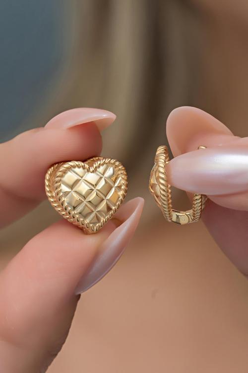 925 Ayar Gümüş Gold Kaplama Çift Taraflı Kalp Küpe