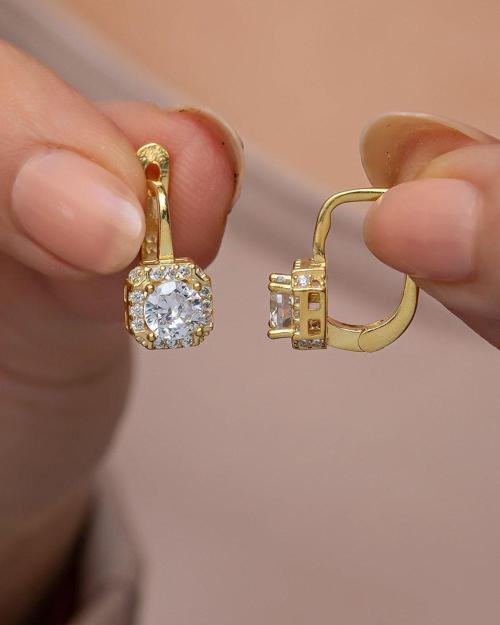 925 Ayar Gümüş Gold Kaplama J Model Kare Tektaş  Küpe