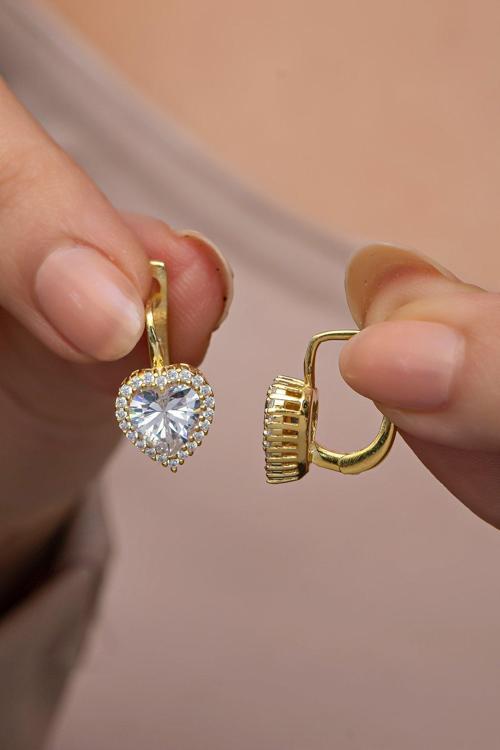 925 Ayar Gümüş Gold Kaplama J Model Tektaş Kalp Küpe