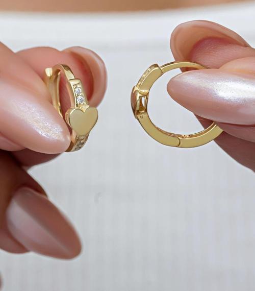 925 Ayar Gümüş Gold Kaplama Kalp Detaylı 15 mm Halka Küpe