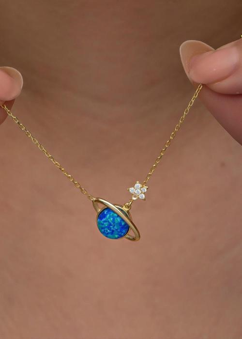 925 Ayar Gümüş Gold Kaplama Mavi Opal Taşlı Gezegen Kolye