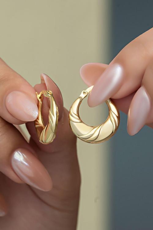 925 Ayar Gümüş Gold Kaplama Taşsız Çizgili Şarnel Küpe