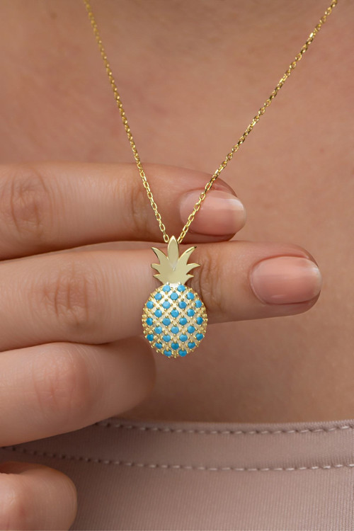 925 Ayar Gümüş Gold Kaplama Turkuaz Taşlı Ananas Kolye