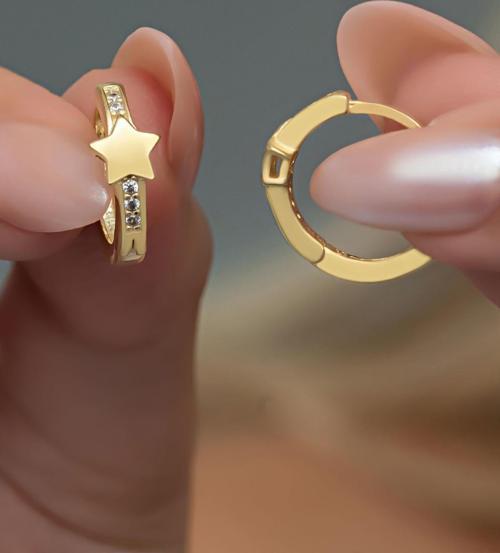 925 Ayar Gümüş Gold Kaplama Yıldız Detay 15 mm Halka Küpe