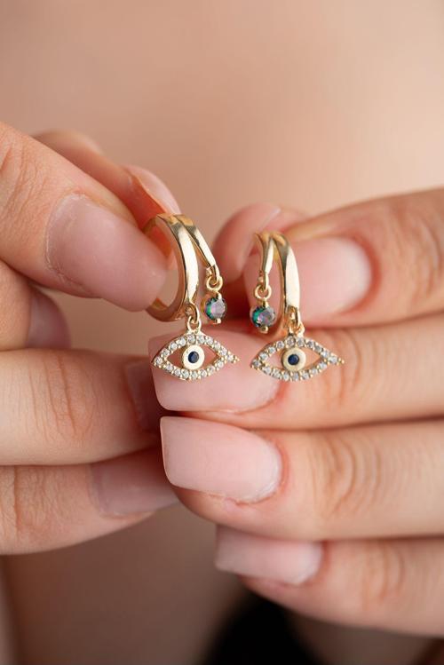 925 Ayar Gümüş Gold Mistik Topaz Taşlı 12 mm Göz Küpe