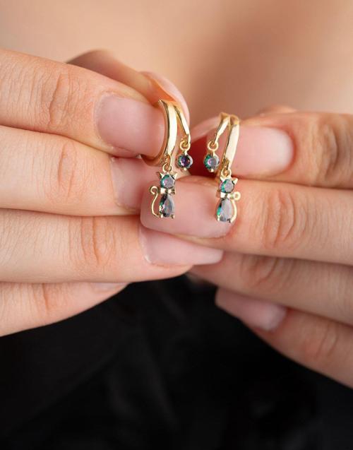 925 Ayar Gümüş Gold Mistik Topaz Taşlı 12 mm Kedi Küpe
