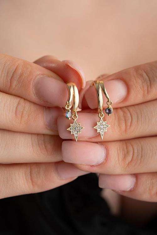 925 Ayar Gümüş Gold Mistik Topaz Taşlı 12 mm Kutup Yıldızı Küpe