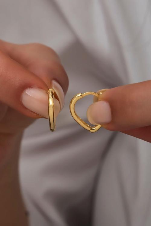 925 Ayar Gümüş Gold Taşsız Sade Kalp Küpe