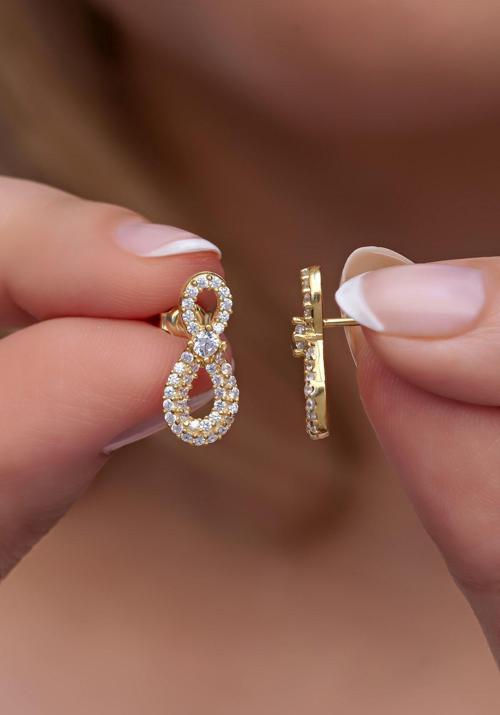 925 Ayar Gümüş Gold Tektaş Tasarım Sonsuzluk Model Küpe