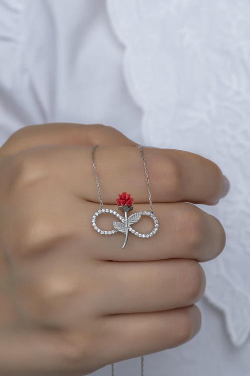 925 Ayar Gümüş Kırmızı Gül Sonsuzluk Kolye 