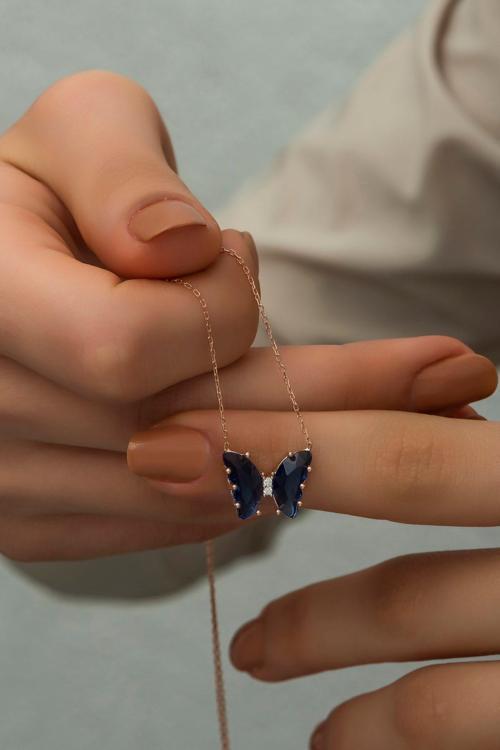 925 Ayar Gümüş Lacivert Zirkon Taşlı Kelebek Kolye