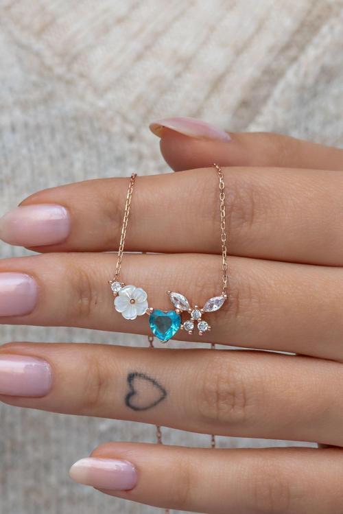 925 Ayar Gümüş Manolya Çiçeği Aquamarin Taşlı Kalp Yusufcuk Kolye
