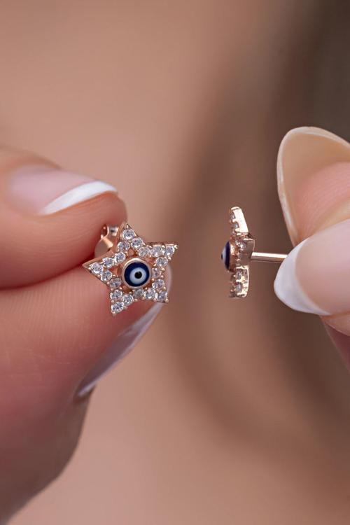 925 Ayar Gümüş Mavi Mineli Minik Nazar Yıldız Küpe