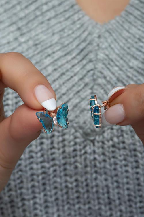 925 Ayar Gümüş Mavi Taşlı Kelebek Küpe