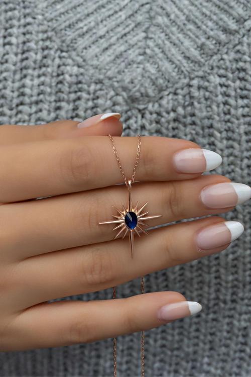 925 Ayar Gümüş Mavi Taşlı Kutup Yıldızı Kolye