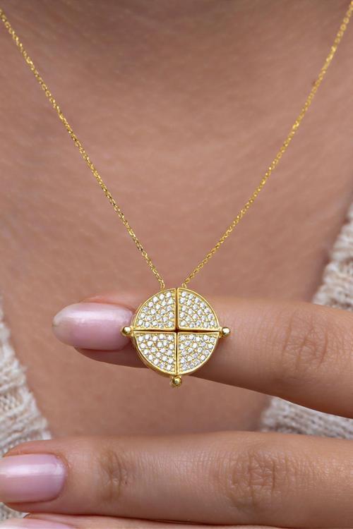 925 Ayar Gümüş Mıknatıslı Ayrılabilir Gold Daire Kolye