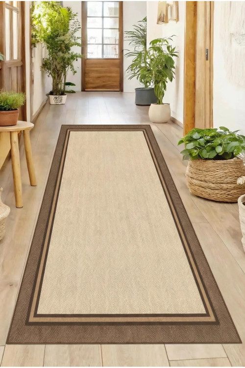 DİJİTAL BASKILI KAHVE Kaymaz Taban Yıkanabilir Modern Mutfak Halısı Salon Halısı Yolluk
