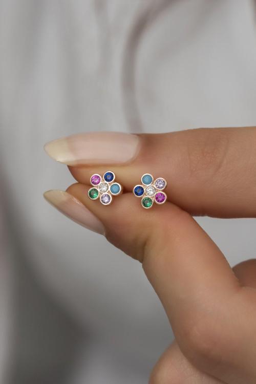 925 Ayar Gümüş Minik Mix Taşlı Kır Çiçeği Küpe