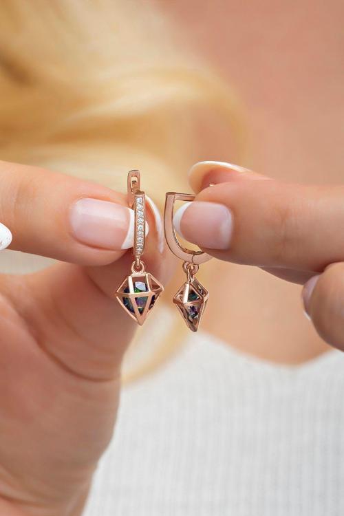 925 Ayar Gümüş Mistik Topaz Taşlı Kafes Model Küpe