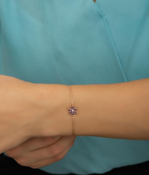 925 Ayar Gümüş Mor Taşlı Lotus Çiçeği Bileklik