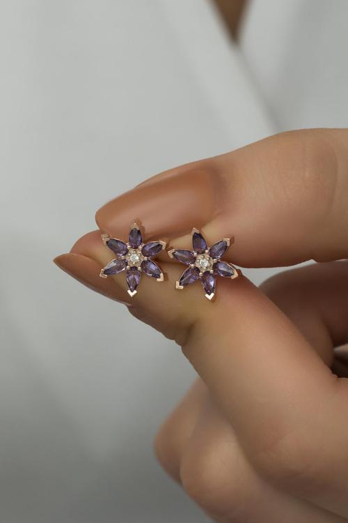 925 Ayar Gümüş Mor Taşlı Lotus Çiçeği Küpe