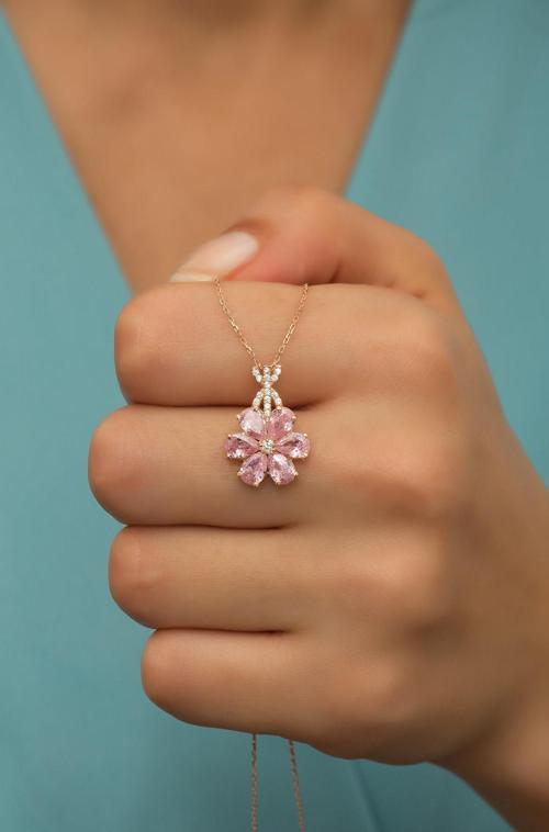 925 Ayar Gümüş Pembe Taşlı 6 Yaprak Lotus Çiçeği Kolye