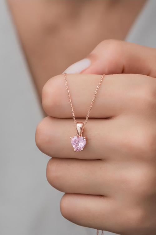 925 Ayar Gümüş Pembe Taşlı Kalp Kolye
