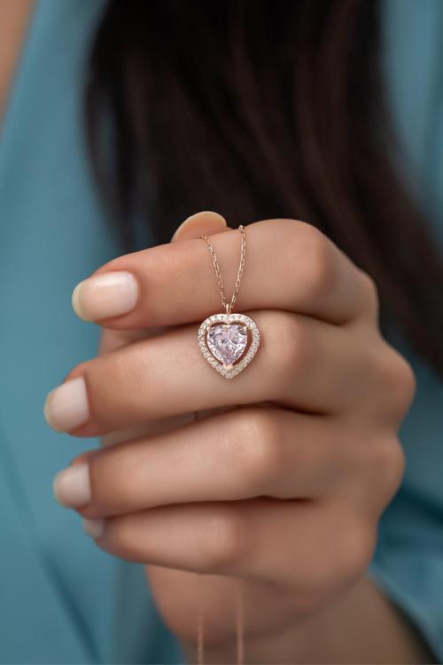 925 Ayar Gümüş Pembe Taşlı Kalp Model Kolye
