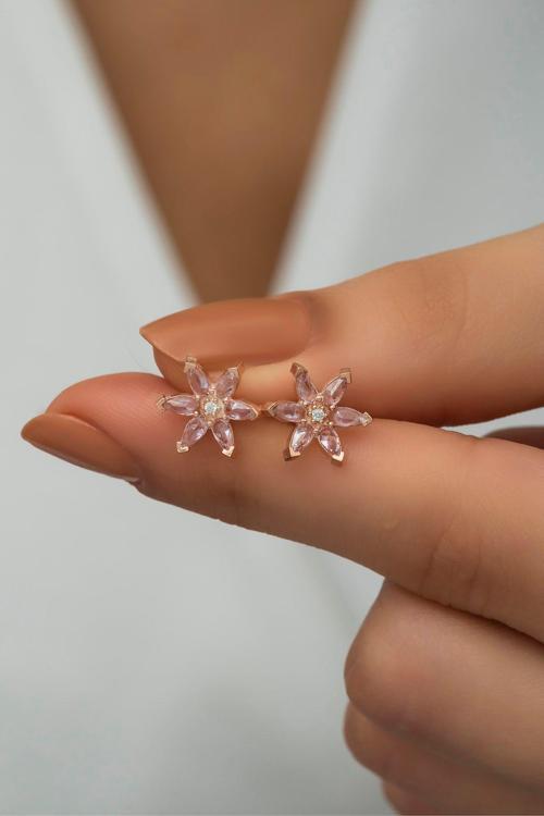 925 Ayar Gümüş Pembe Taşlı Lotus Çiçeği Küpe