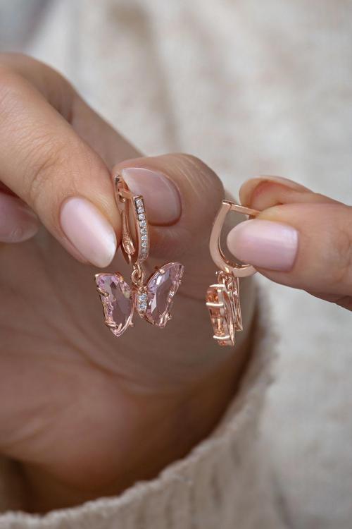 925 Ayar Gümüş Pembe Taşlı Sallantılı Kelebek Küpe