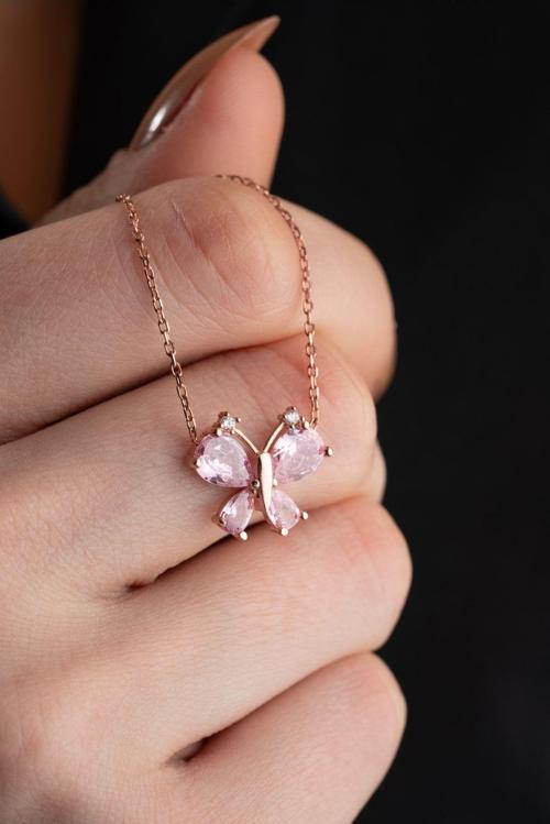 925 Ayar Gümüş Pembe Zirkon Taşlı Yusufcuk Kolye