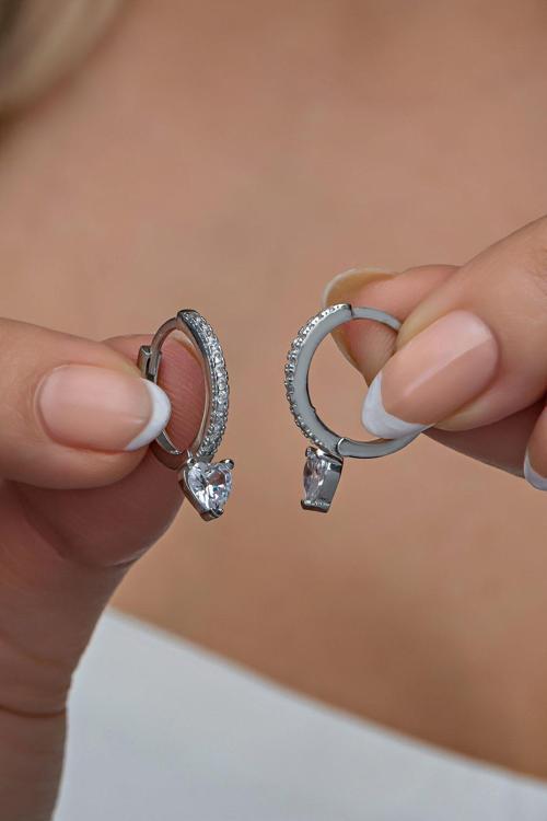 925 Ayar Gümüş Rodyumlu Kalp Detay Tamtur Küpe