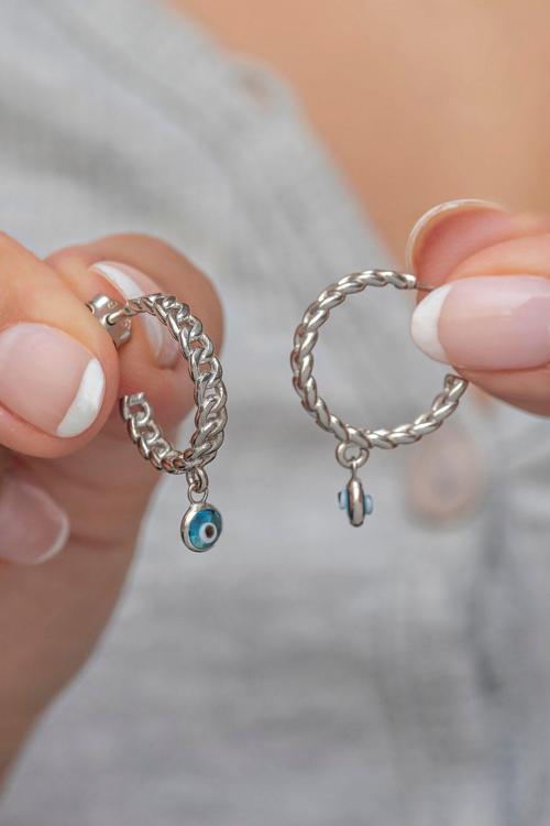 925 Ayar Gümüş Rodyumlu Örgü Model Nazar Göz Detay Küpe