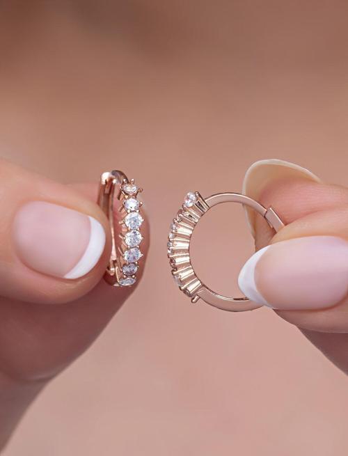 925 Ayar Gümüş Rose 15 Mm Zirkon Taşlı Halka Küpe