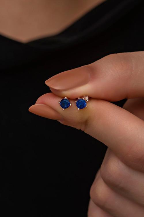 925 Ayar Gümüş Rose 4 mm Lacivert Taşlı Tektaş Küpe